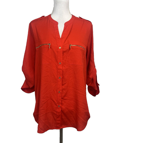 Calvin Klein Blouse Tunic size Large Cherry Red Gold Zippers Lagenlook Career - Picture 1 of 9